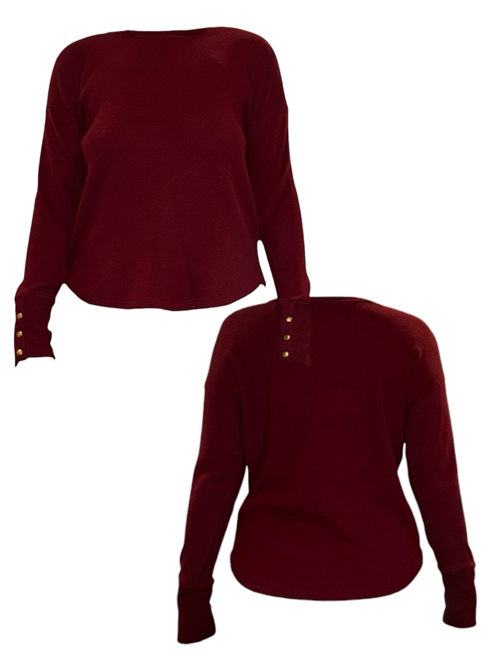 Sonoma Burgundy Waffle Long Sleeve Top with Gold Button Cuffs